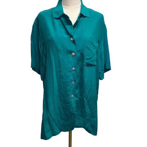 Casual Corner Tops - Vintage 80's Casual Corner 100% Silk Teal Button Up Short Sleeve blouse Womens M